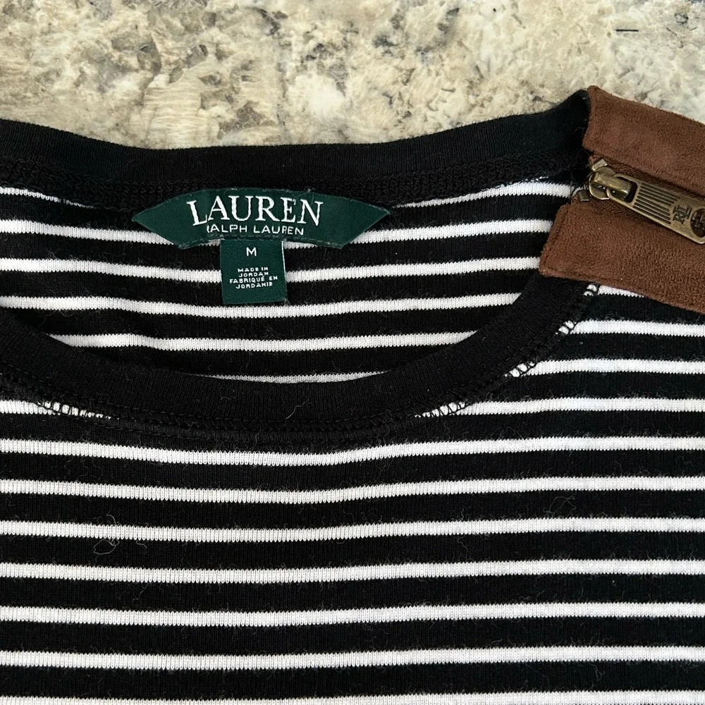 Lauren Ralph Lauren Black White Striped Top Suede Elbow Patches and Accents Sz M - Picture 10 of 15